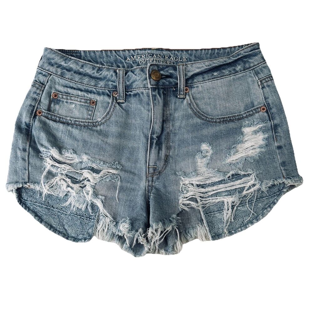 American Eagle Hi Rise Festival Shorts 6 W29 Blue Cotton Distressed Denim Womens